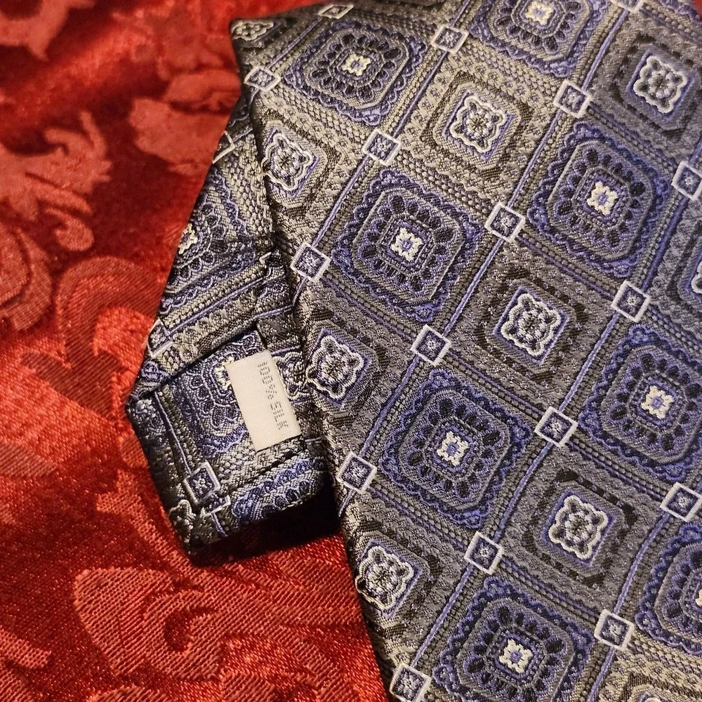 Burma Bibas Blue and Silver Geometric Pattern 100% Silk Tie
